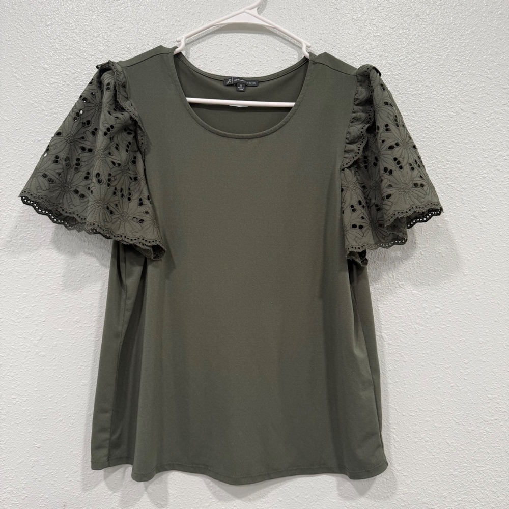 Adrianna Papell Olive Green Eyelet Lace Flutter Sleeve Knit Top Womens Medium